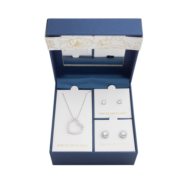 Lesa Michele 2 Pair Cubic Zirconia Stud and Halo Earrings with Pendant Necklace Set in Rhodium Plated Brass