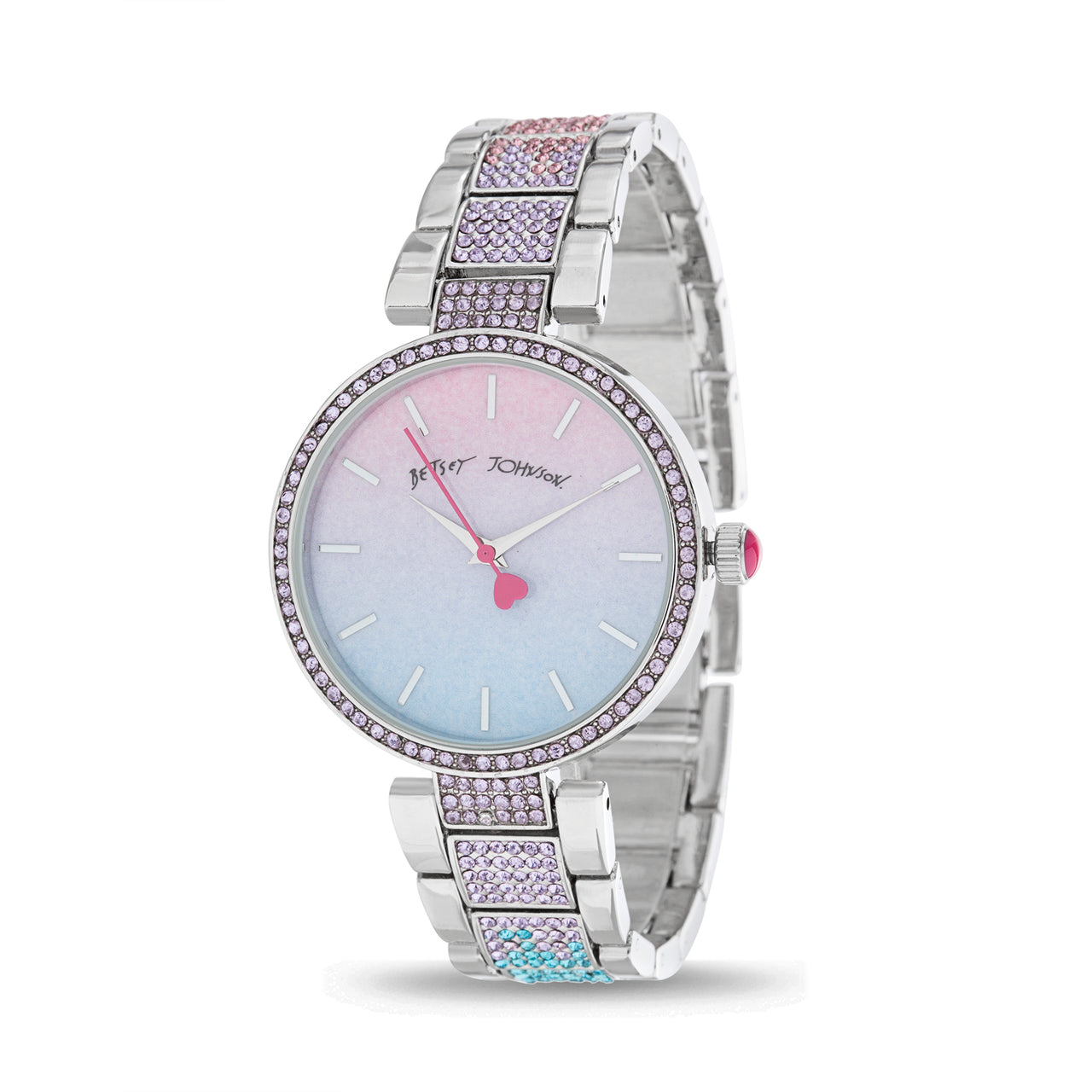 Betsey Johnson Silver Case and Strap with Multi Color Stones Degraded Glitter Dial Watch for Women