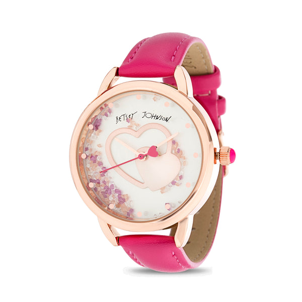 Betsey Johnson Heart Art Applied Dial with Floating Stones Watch in Rose Gold Case and Pink PU Strap for Women