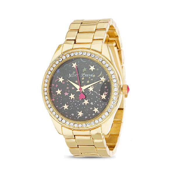 Betsey Johnson Black Dial with Gold Applied Stars Watch in Yellow Gold Case and Link Strap for Women