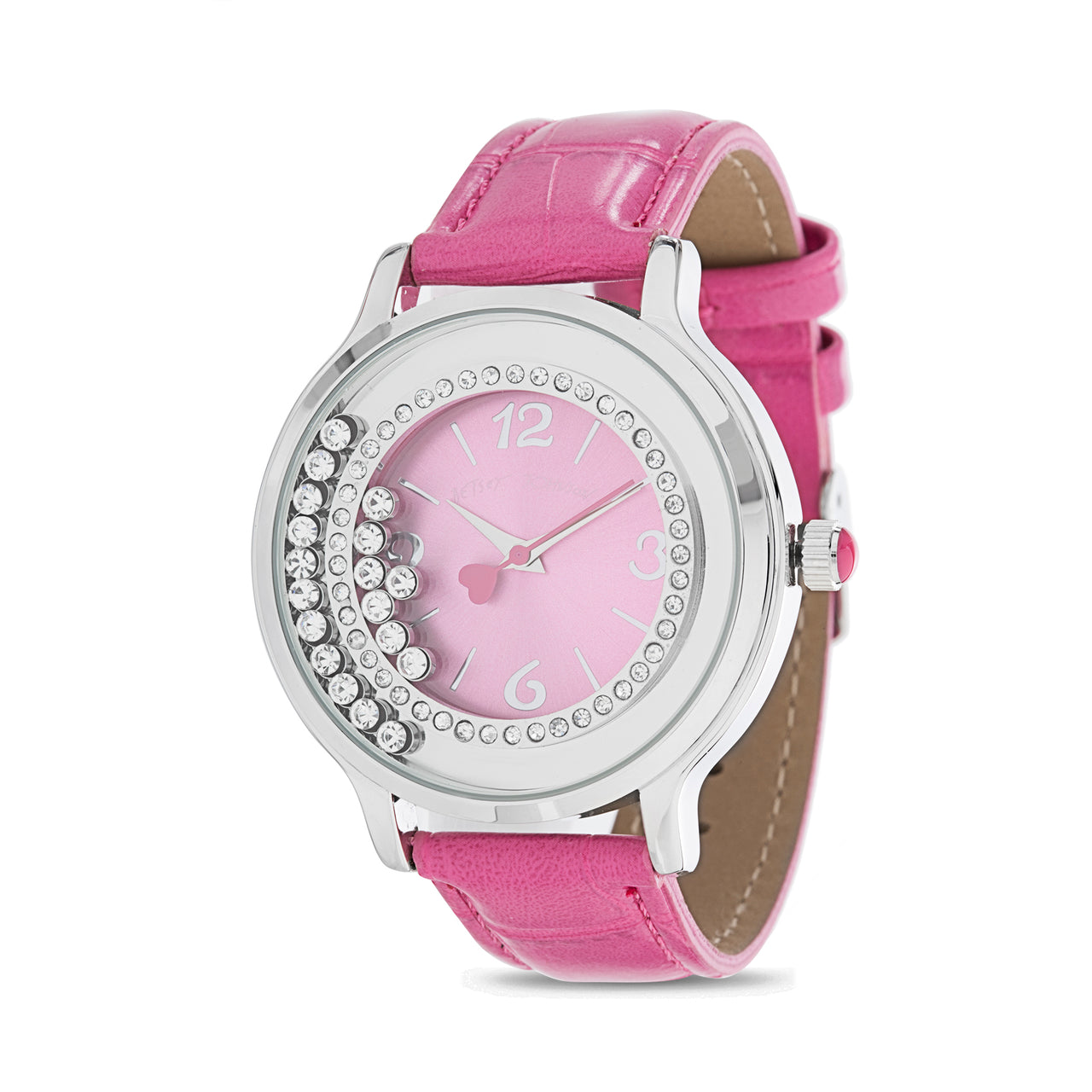 Betsey Johnson Pink Sunray Dial with Floating Stones Watch in Silver Case and Pink PU Strap for Women