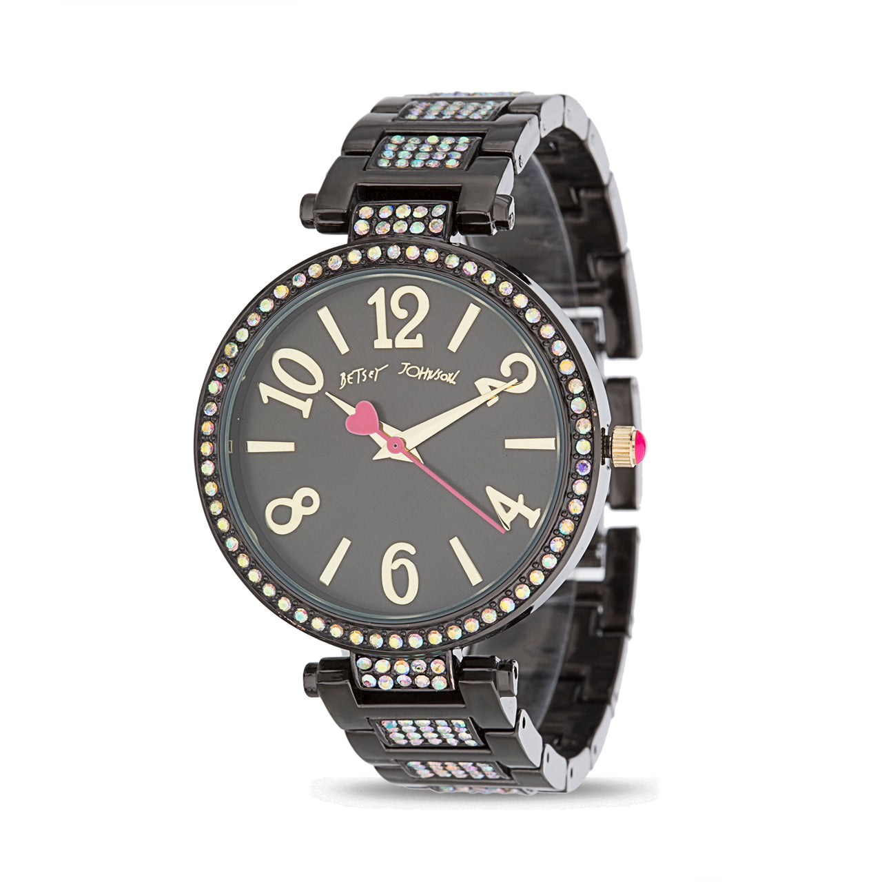 Betsey Johnson Black Dial Stone Bezel Watch in Black Case and Link Strap with Stones for Women