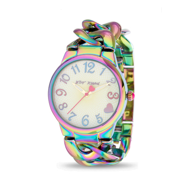 Betsey Johnson Oil Slick Case and Chain Strap Watch with Mop Dial Oil Slick Numbers for Women