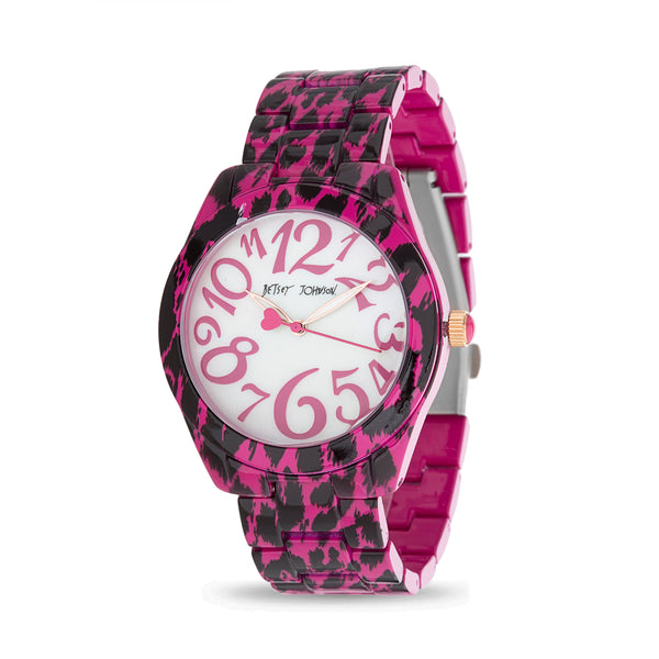 Betsey Johnson Glossy Pink and Black Leopard Print Case and Link Strap with Mop Dial and Pink Numbers for Women