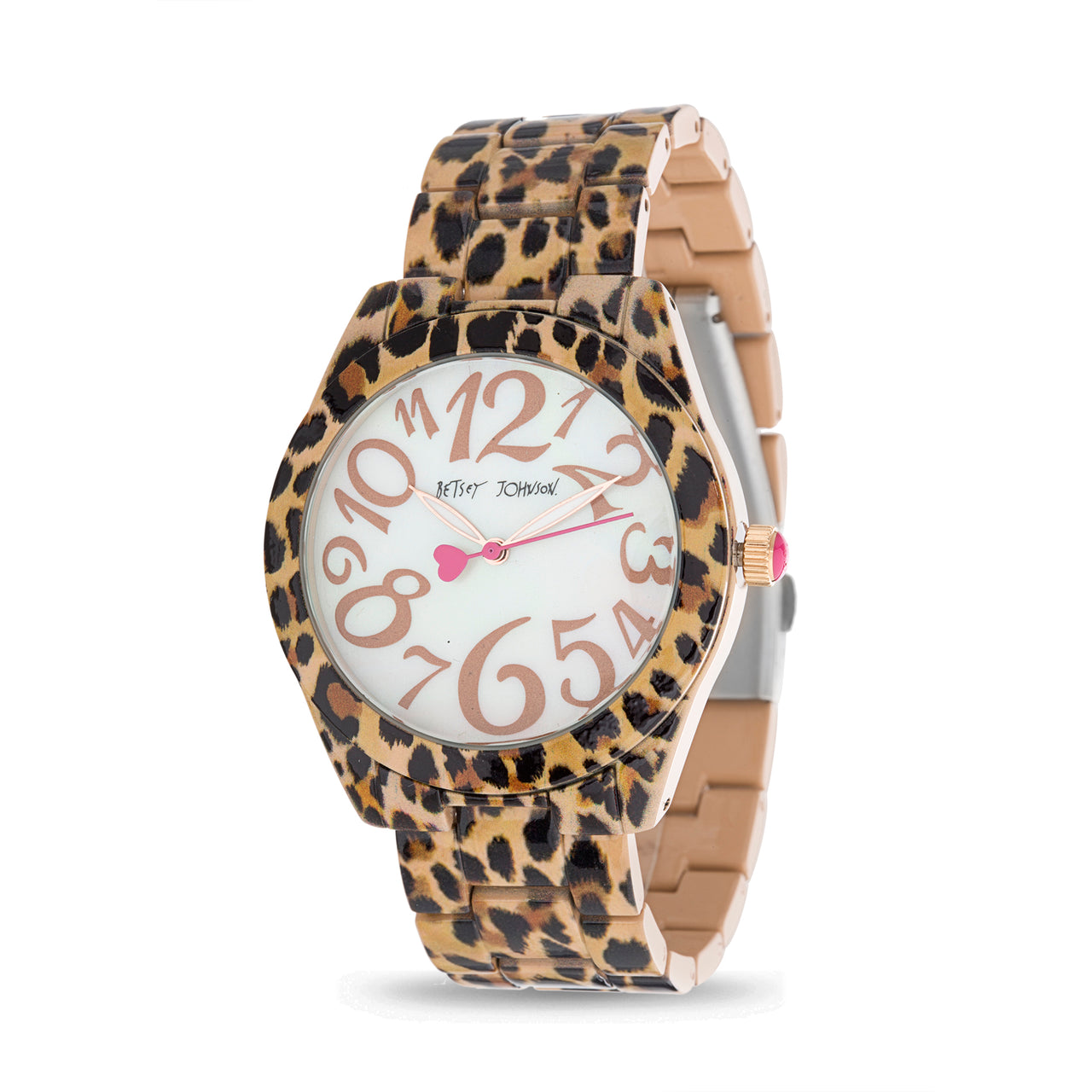 Betsey Johnson Glossy Brown Beige and Black Leopard Print Case and Link Strap Watch with Mop Dial with Gold Numbers for Women