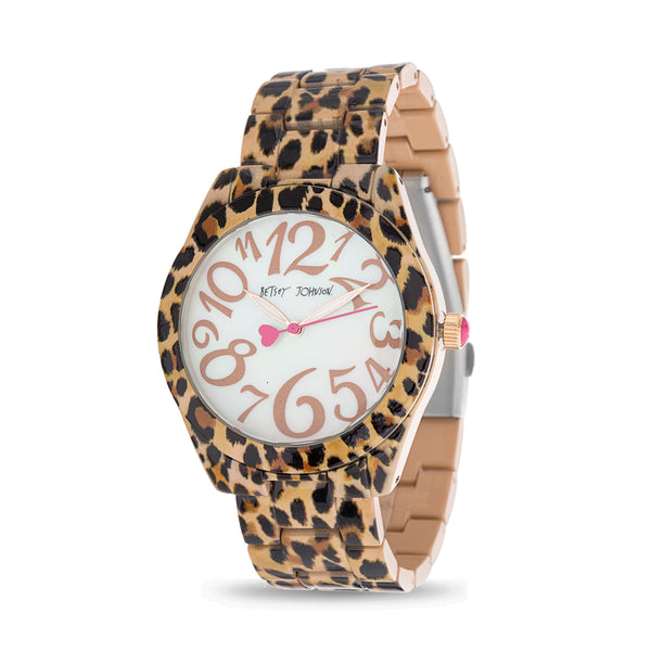 Betsey Johnson Glossy Brown Beige and Black Leopard Print Case and Link Strap Watch with Mop Dial with Gold Numbers for Women