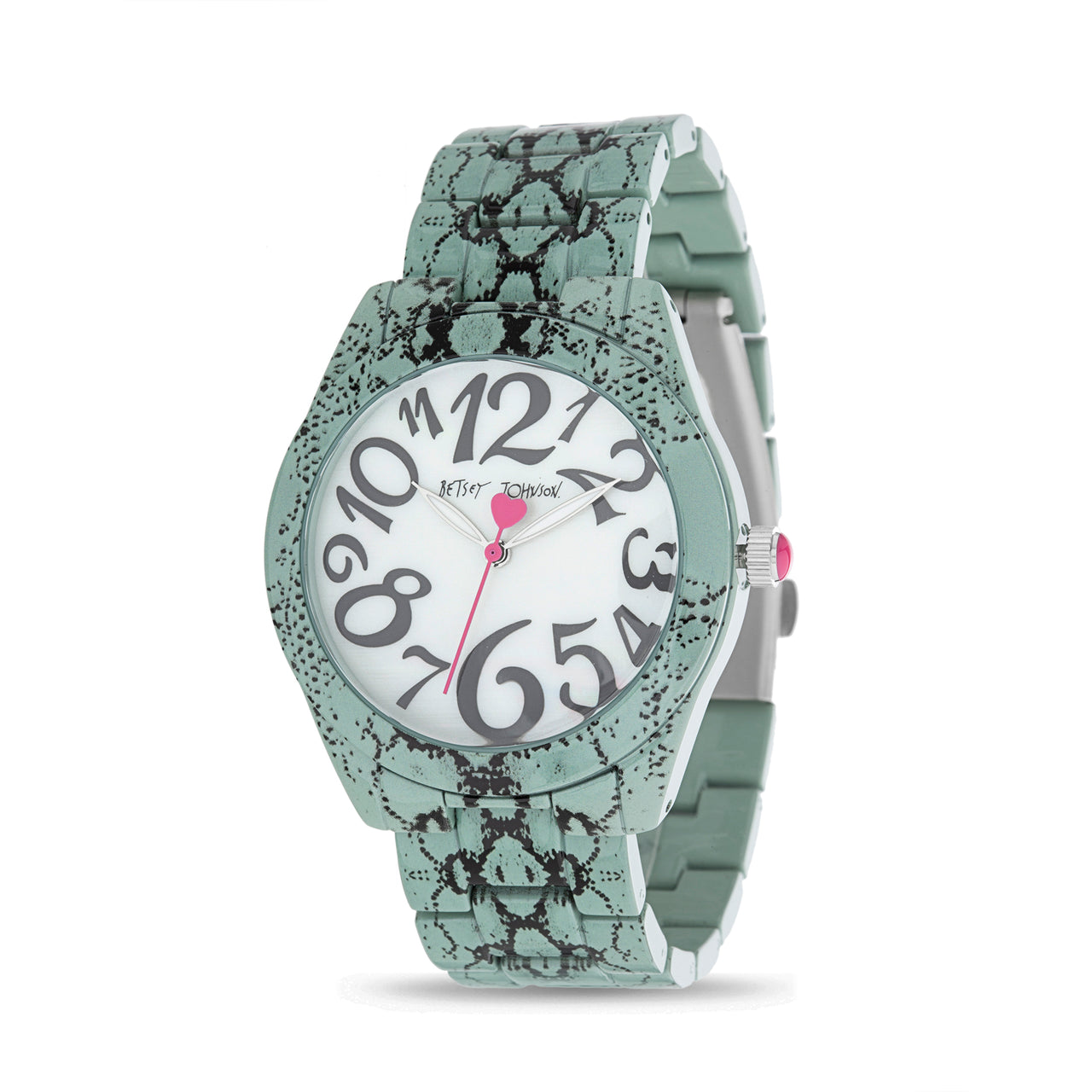 Betsey Johnson Glossy Green and Black Snake Print Case and Link Strap Watch with Mop Dial with Silver Numbers for Women