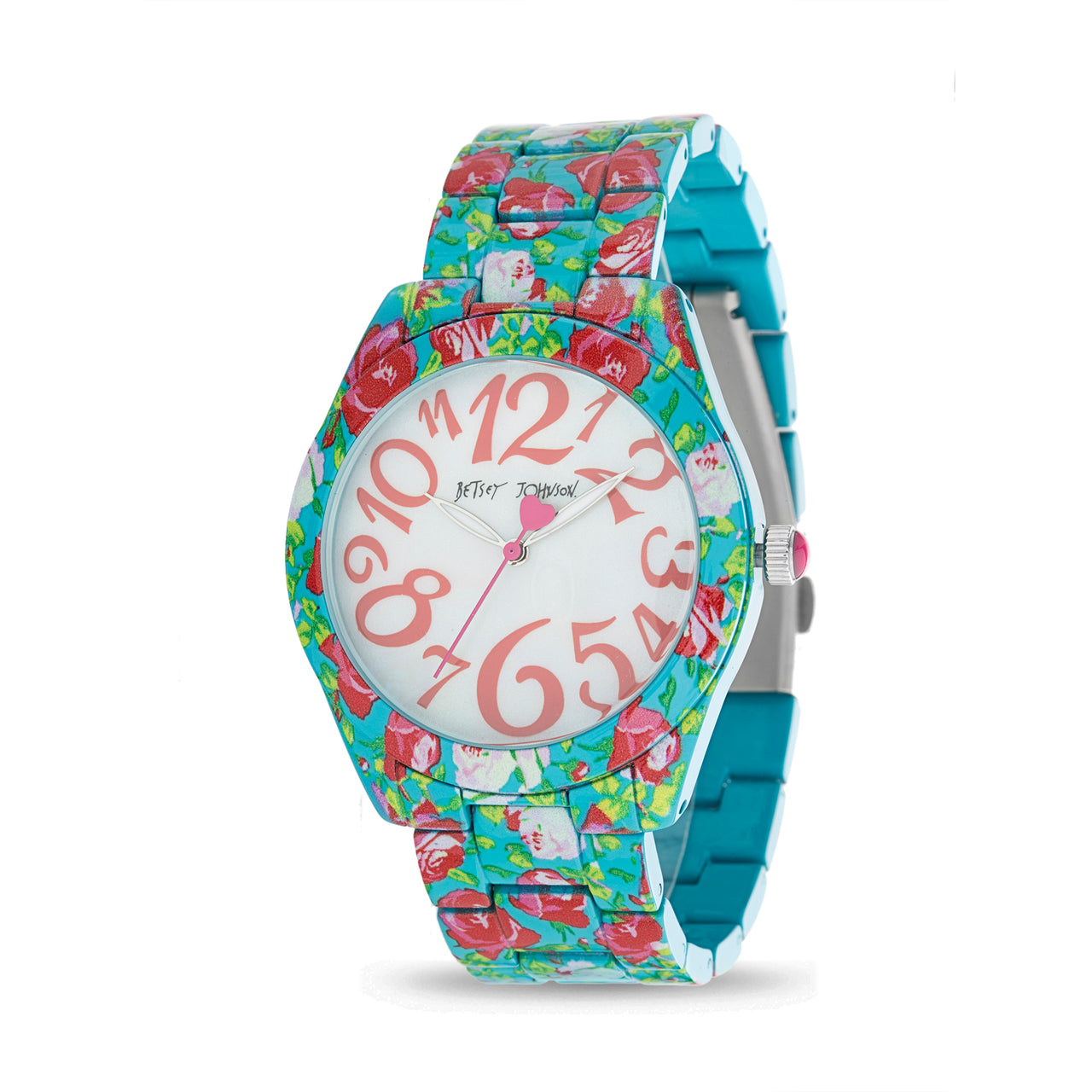 Betsey Johnson Glossy Multi Color Floral Print Case and Link Strap Watch with Mop Dial with Pink Numbers for Women