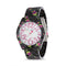 Betsey Johnson Glossy Black and Multi Color Floral Print Case and Link Strap Watch with Mop Dial with Pink Numbers for Women