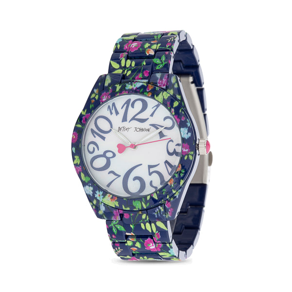 Betsey Johnson Glossy Navy and Multi Color Floral Print Case and Link Strap Watch with Mop Dial with Blue Numbers for Women
