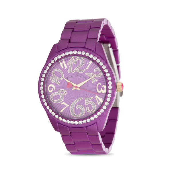 Betsey Johnson Purple Case and Link Strap Watch with Purple Textured Dial with Stone Bezel for Women