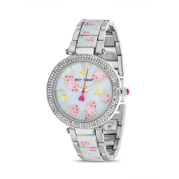 Betsey Johnson Silver Case and Floral Link Strap Watch with Floral Printed Dial with Stone Bezel for Women