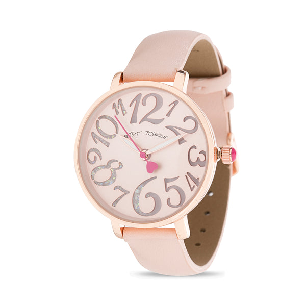 Betsey Johnson Rose Gold Case and Pink PU Strap Watch with Double Layer Floating Stones Dial for Women