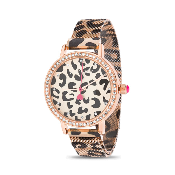 Betsey Johnson Rose Gold Case and Black Print Spot Strap Watch with Stone Bezel Dial for Women