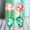 Lesa Michele Pink and Green Rhinestone Teardrop Dangle Yellow Gold Plated Earrings