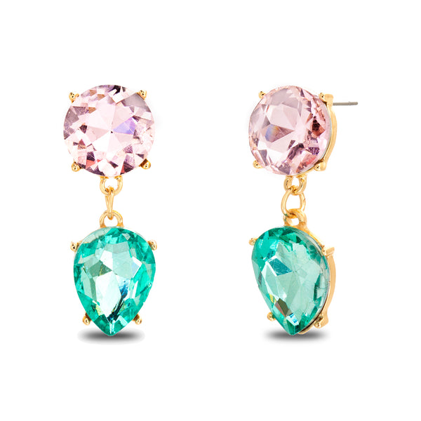 Lesa Michele Pink and Green Rhinestone Teardrop Dangle Yellow Gold Plated Earrings