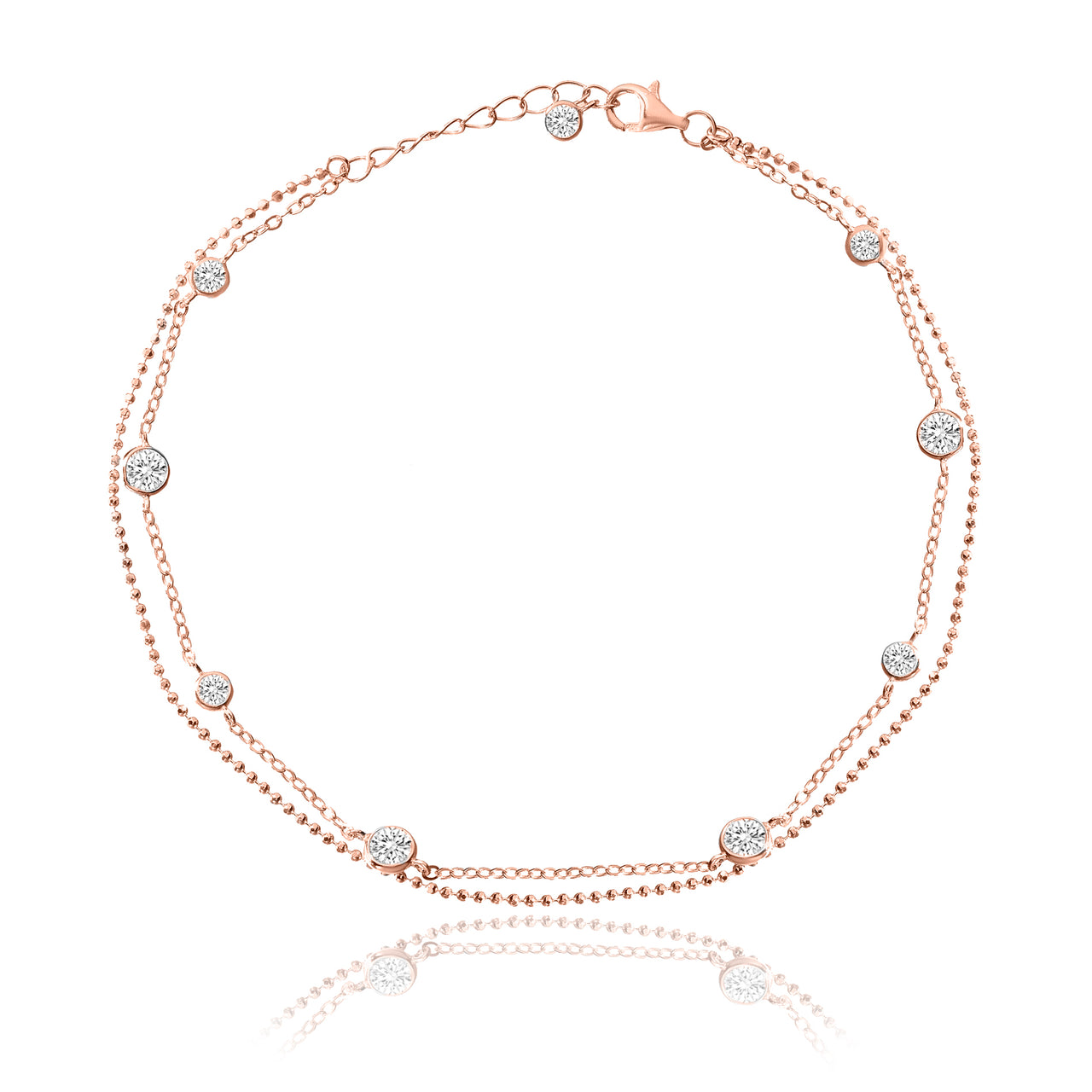 Lesa Michele Rose Gold Plated Sterling Silver Layered Anklet with Bezel Set Cubic Zirconia