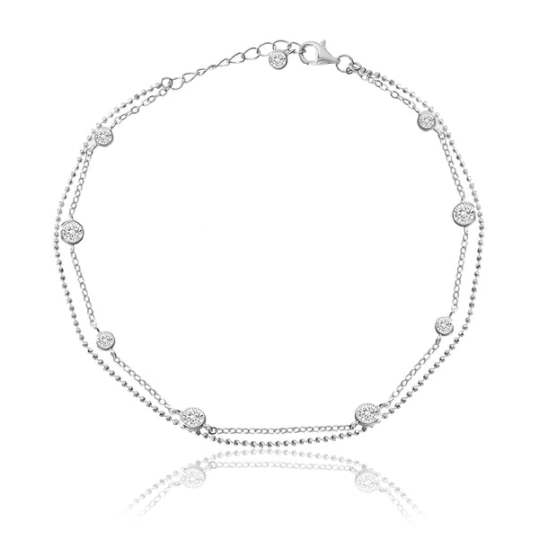 Lesa Michele Rhodium Plated Stelring Silver Cubic Zirconia Bezel Anklet