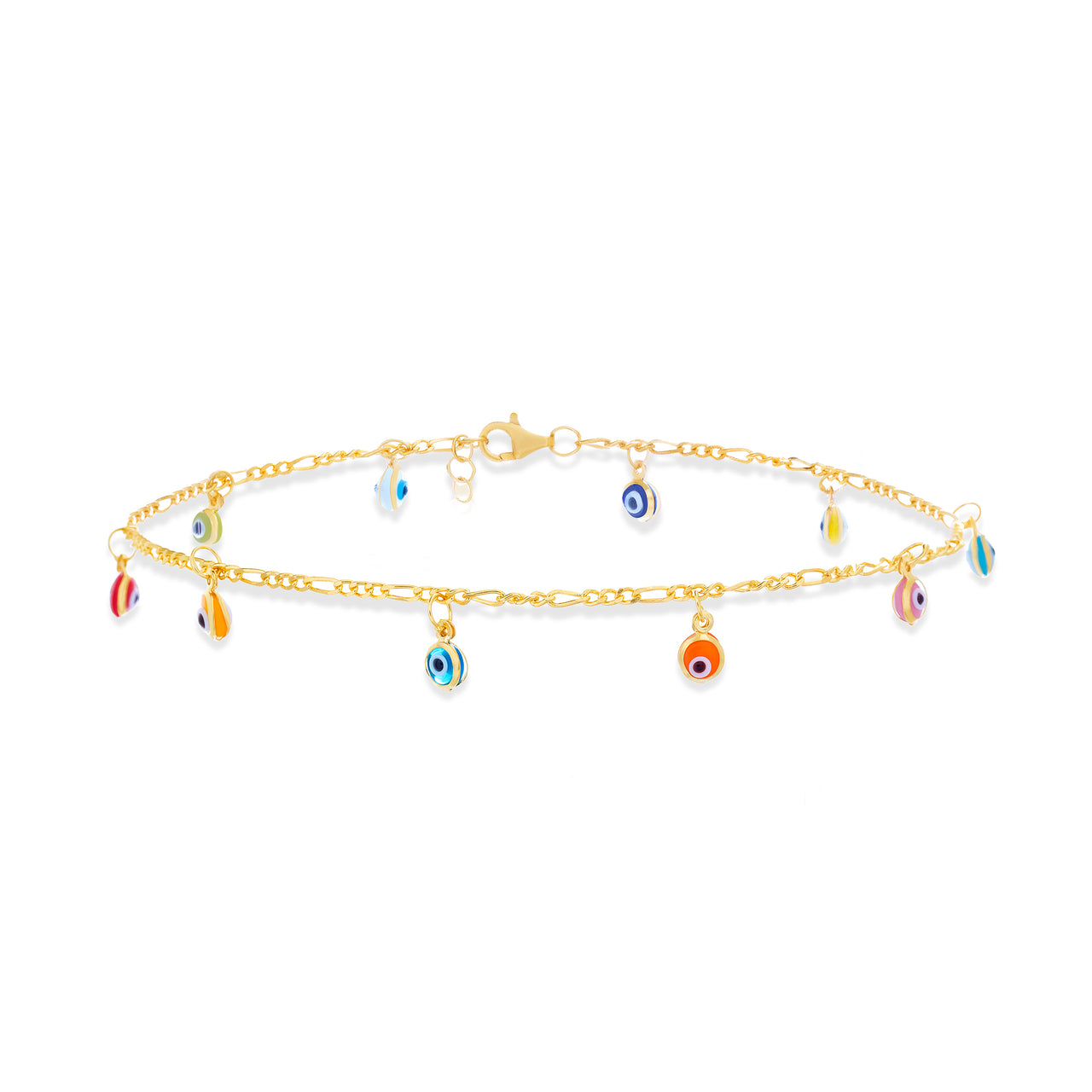 Lesa Michele Rainbow Dangling Evil Eye Anklet in Yellow Gold Plated Sterling Silver