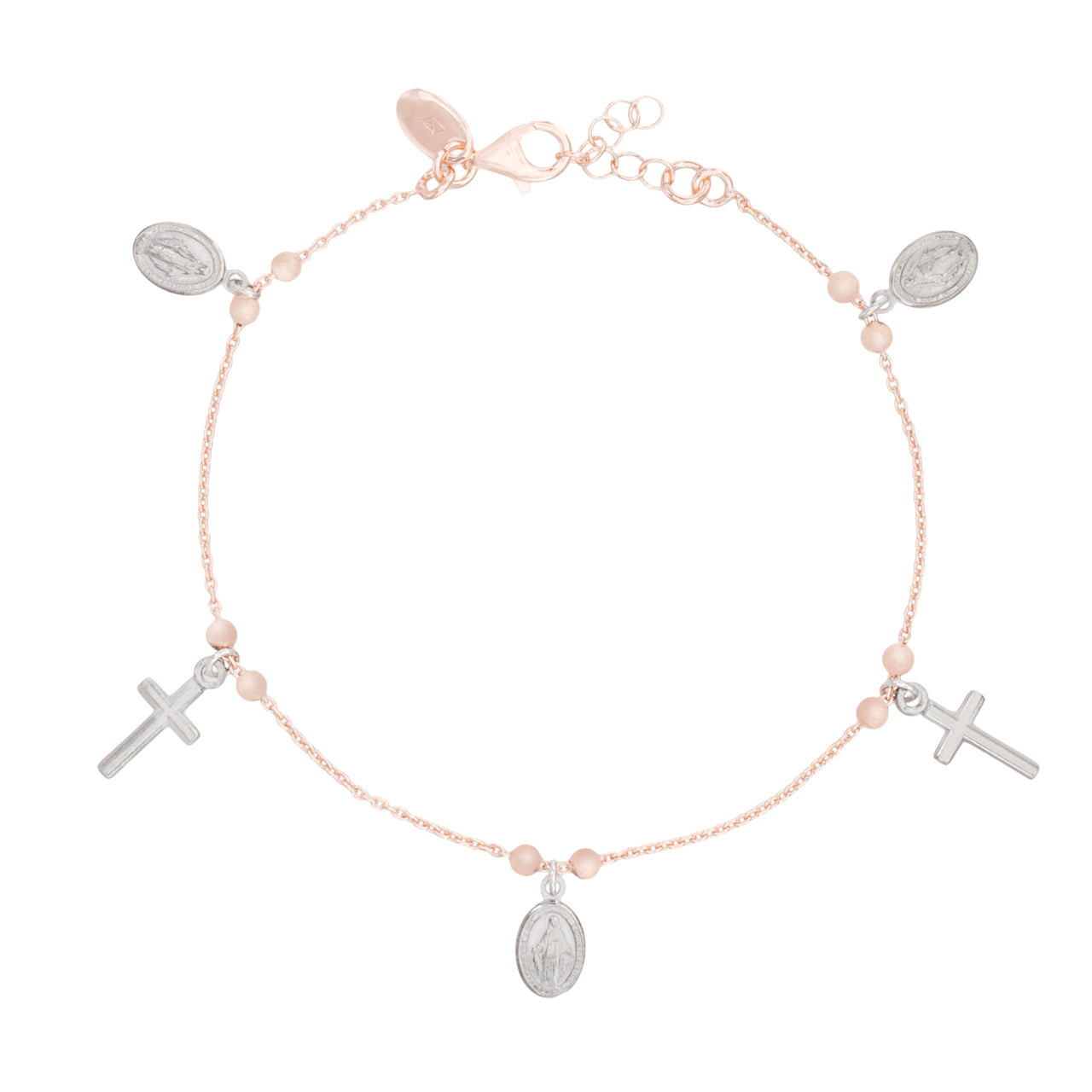Two-tone Plated Sterling Silver Cross and Miraculous Medal Charm Bracele