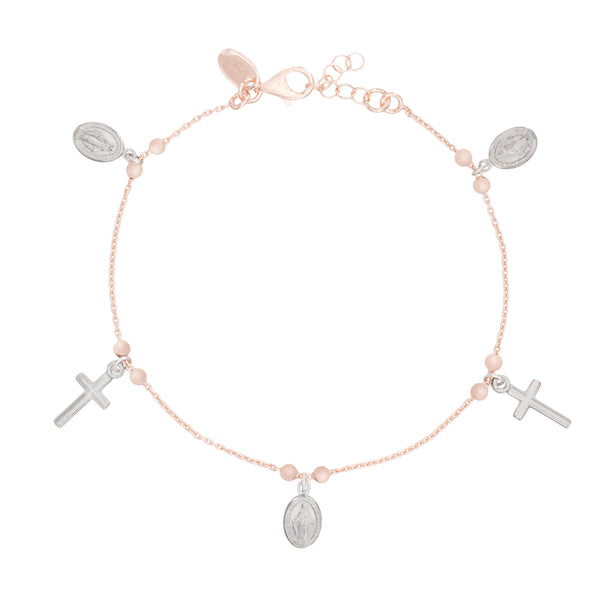 Two-tone Plated Sterling Silver Cross and Miraculous Medal Charm Bracele
