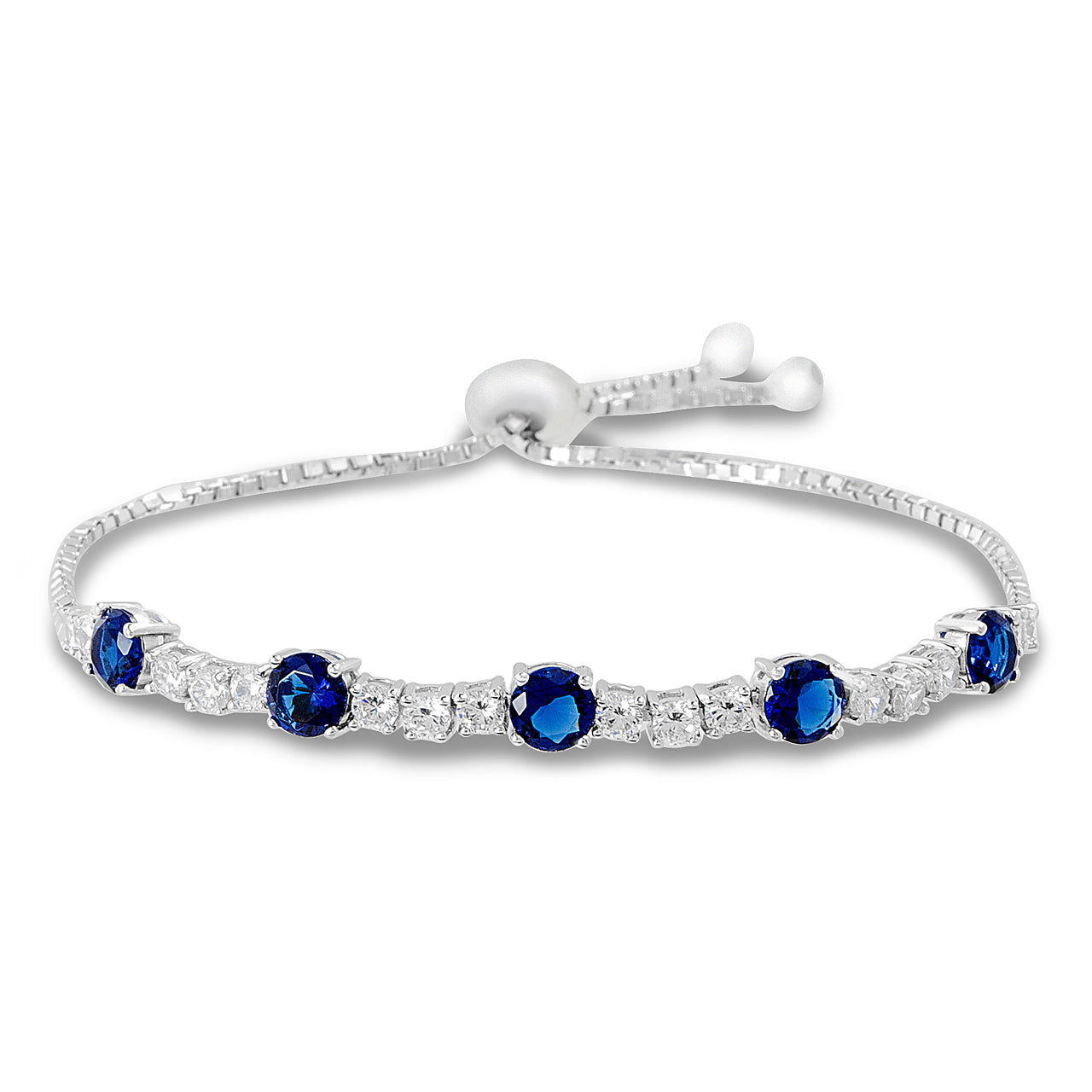 Round Simulated Sapphire and CZ Bridal Gift Adjustable Bolo Tennis Bracelet in Rhodium Plated 925 Sterling Silver 