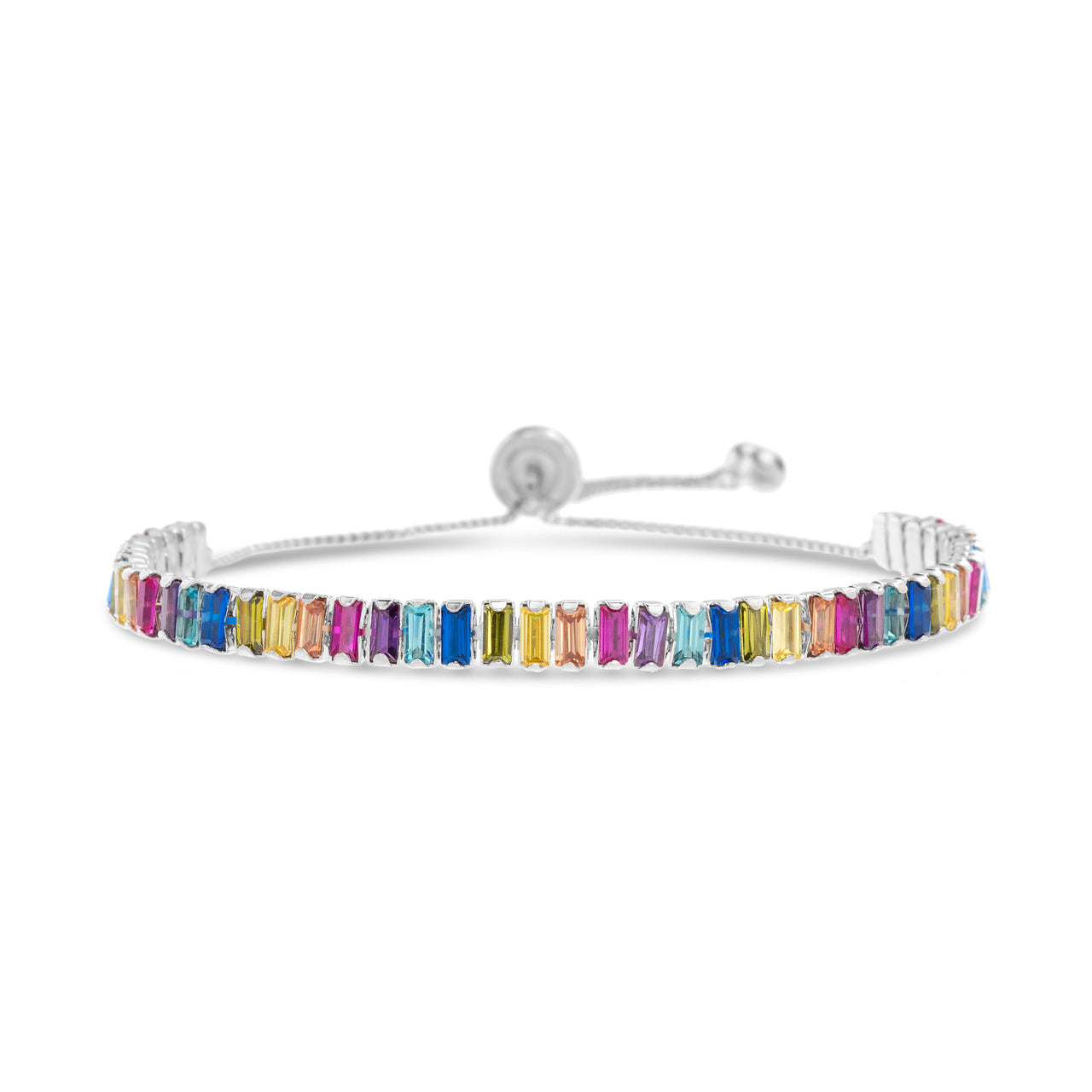 Lesa Michele Baguette Shaped Rainbow Cubic Zirconia Adjustable Tennis Bracelet in Sterling Silver