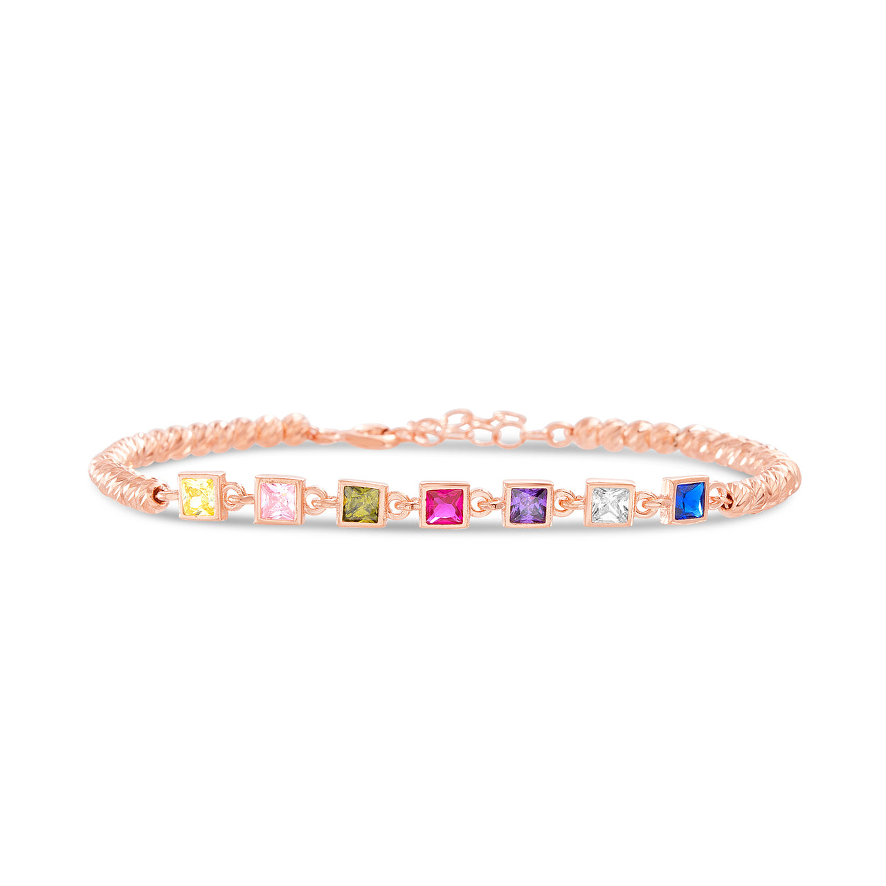 Lesa Michele Square Shaped Rainbow Cubic Zirconia 7" Beaded Tennis Bracelet in Sterling Silver