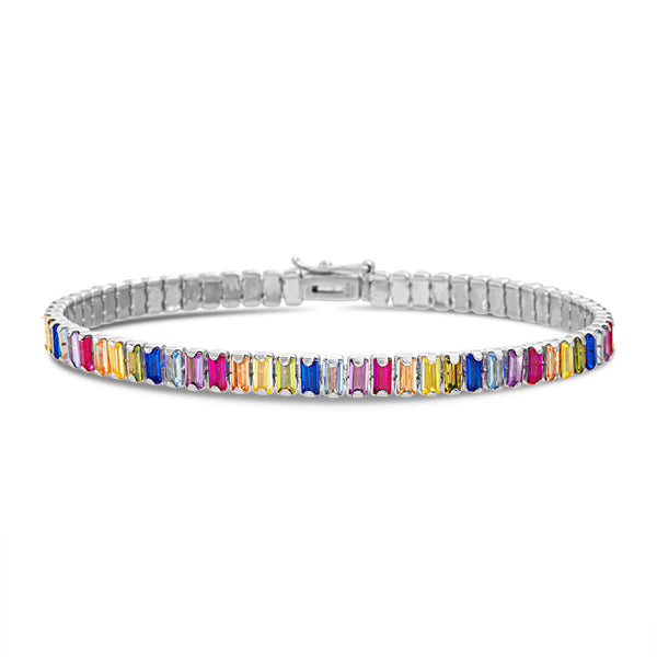 Lesa Michele Baguette Shaped Rainbow Cubic Zirconia 7" Tennis Bracelet in Sterling Silver