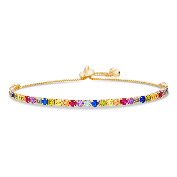 Lesa Michele Rainbow Cubic Zirconia 6"-8" Adjustable Bolo Tennis Bracelet in Yellow Gold Plated Sterling Silver