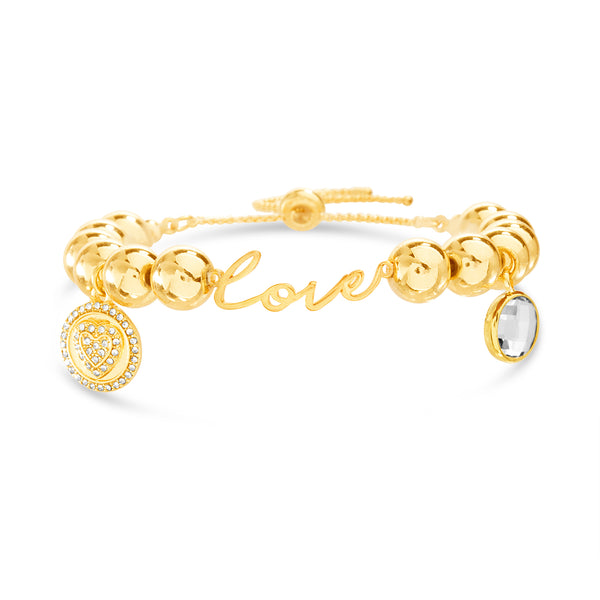 Beloved & Inspired 'Love'/Heart Disc/Glass Charm Beaded Slider Bracelet in Yellow Gold Plated Brass