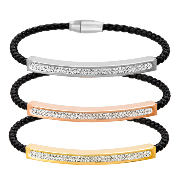 Lesa Michele Tri-Color Crystal Braided Leather Trio Bracelet Set in Stainless Steel