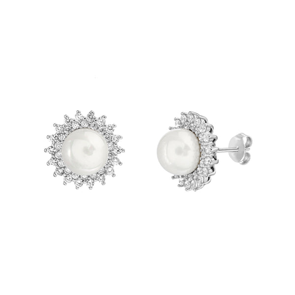 Lesa Michele Simulated Pearl & Cubic Zirconia Stud Earring in Sterling Silver