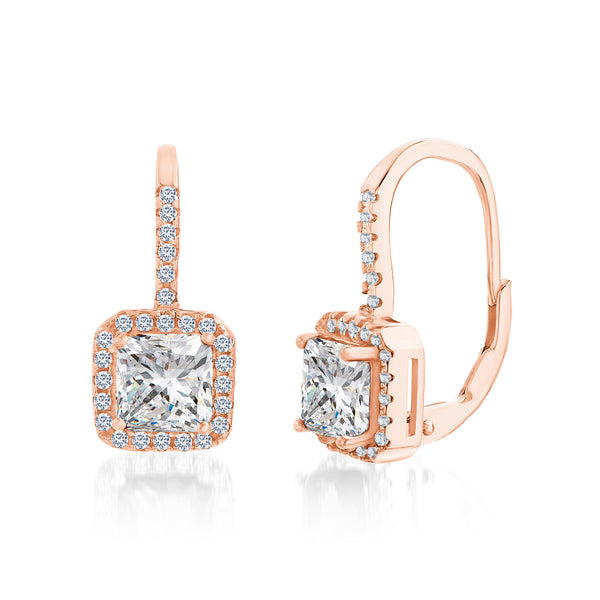 Princess Cut Cubic Zirconia Halo Style Leverback Earrings in Rose Gold Plated 925 Sterling Silver