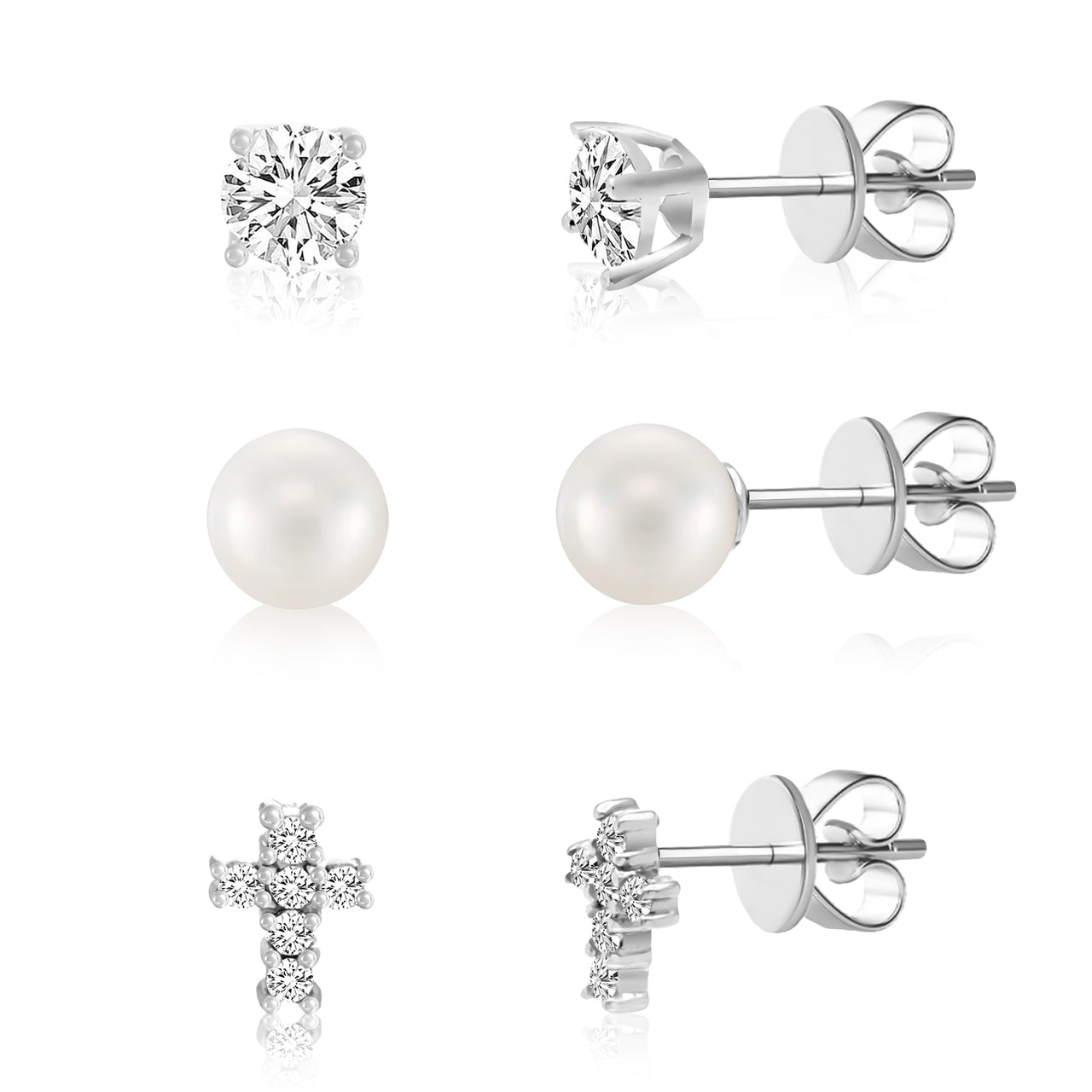 Sterling Silver Cubic Zirconia Simulated Pearl Cross, Ball and Stud Earrings Trio Set