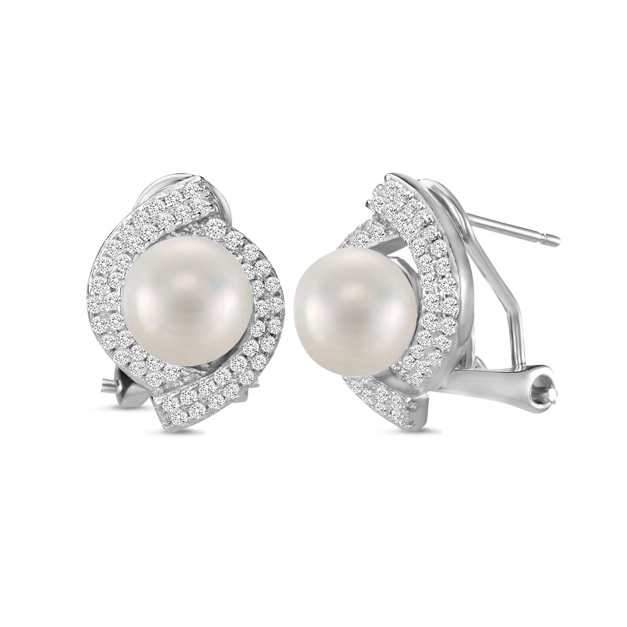 Lesa Michele Rhodium Plated Sterling Silver Simulated Pearl Cubic Zirconia Unique Earrings