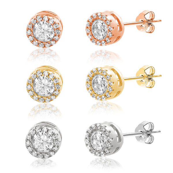 Round Cubic Zirconia Tri Color 3 Pair Bridal Gift Stud Earring Set for Women in Rhodium, Rose Gold and Yellow Gold Plated 925 Sterling Silver