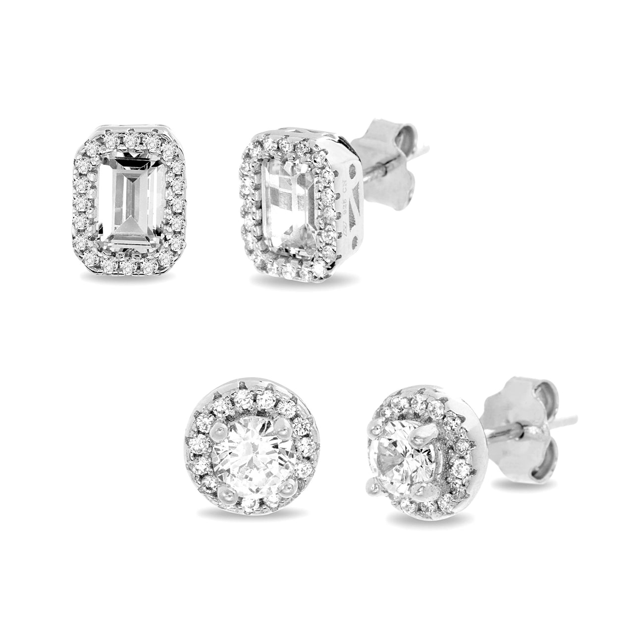  9mm Emerald and 7mm Round Cut Cubic Zirconia 2 Pair Bridal Gift Halo Stud Earring Set in Rhodium Plated 925 Sterling Silver