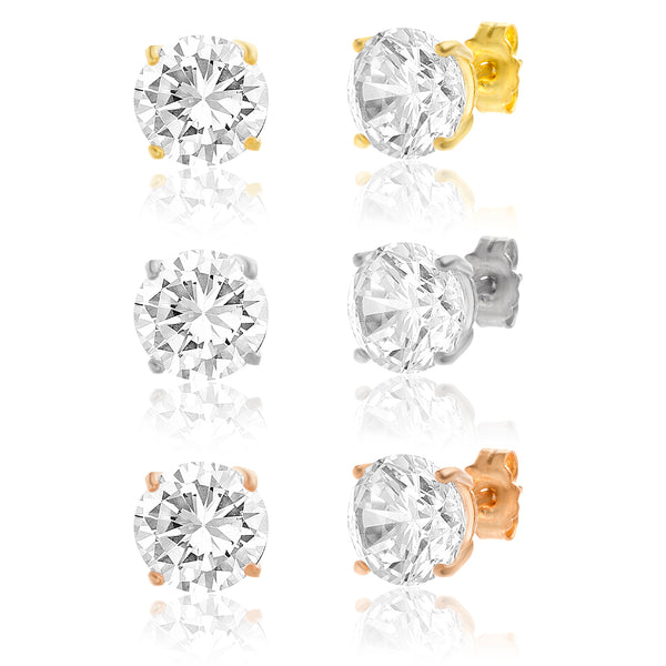  7mm Round Cubic Zirconia Tri Color 3 Pair Bridal Gift Stud Earring Set for Women in Rhodium, Rose Gold and Yellow Gold Plated 925 Sterling Silver