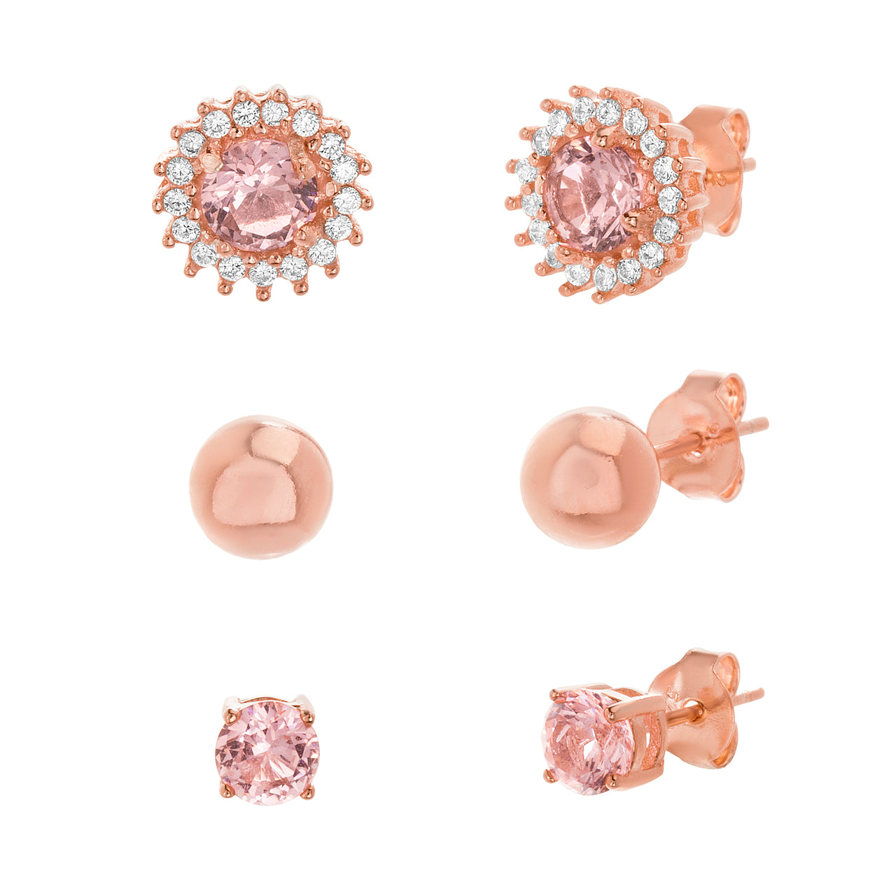 Simulated Morganite and Cubic Zirconia 4 Prong, Halo and Ball Stud 3 Pair Earring Set for Women in Rose Gold Plated 925 Sterling Silver
