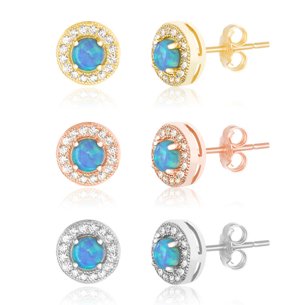  Lab Created Blue Opal and Cubic Zirconia Halo Stud Gift Earrings 3 pair Set for Women in Yellow Gold, Rose Gold and Rhodium Plated 925 Sterling Silver