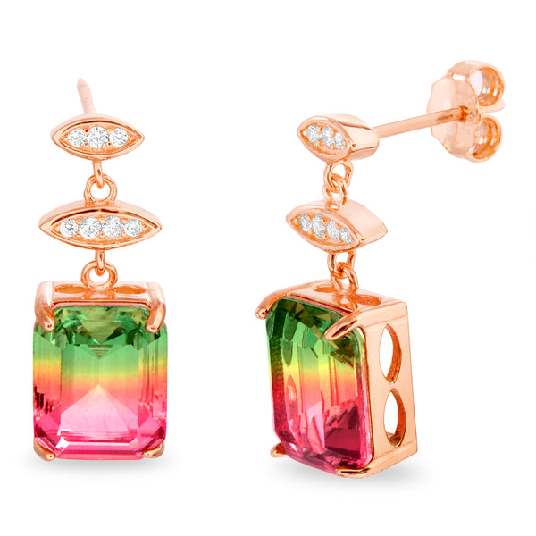 Lesa Michele Simulated Watermelon Tourmaline & Cubic Zirconia Dangle Earrings in Rose Gold Plated Sterling Silver