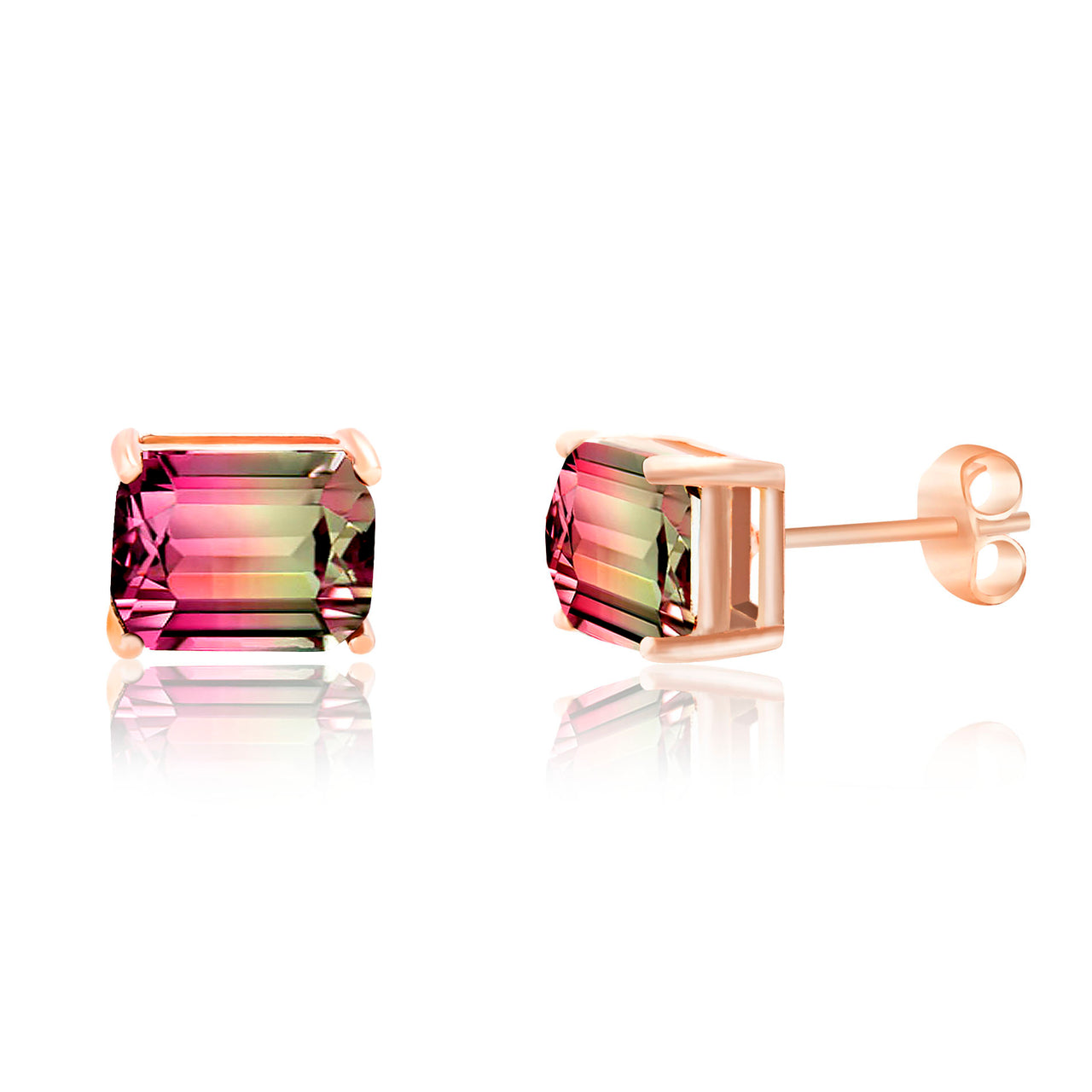 Lesa Michele Watermelon Tourmaline Rectangle Stud Earrings in Rose Gold Plated Sterling Silver
