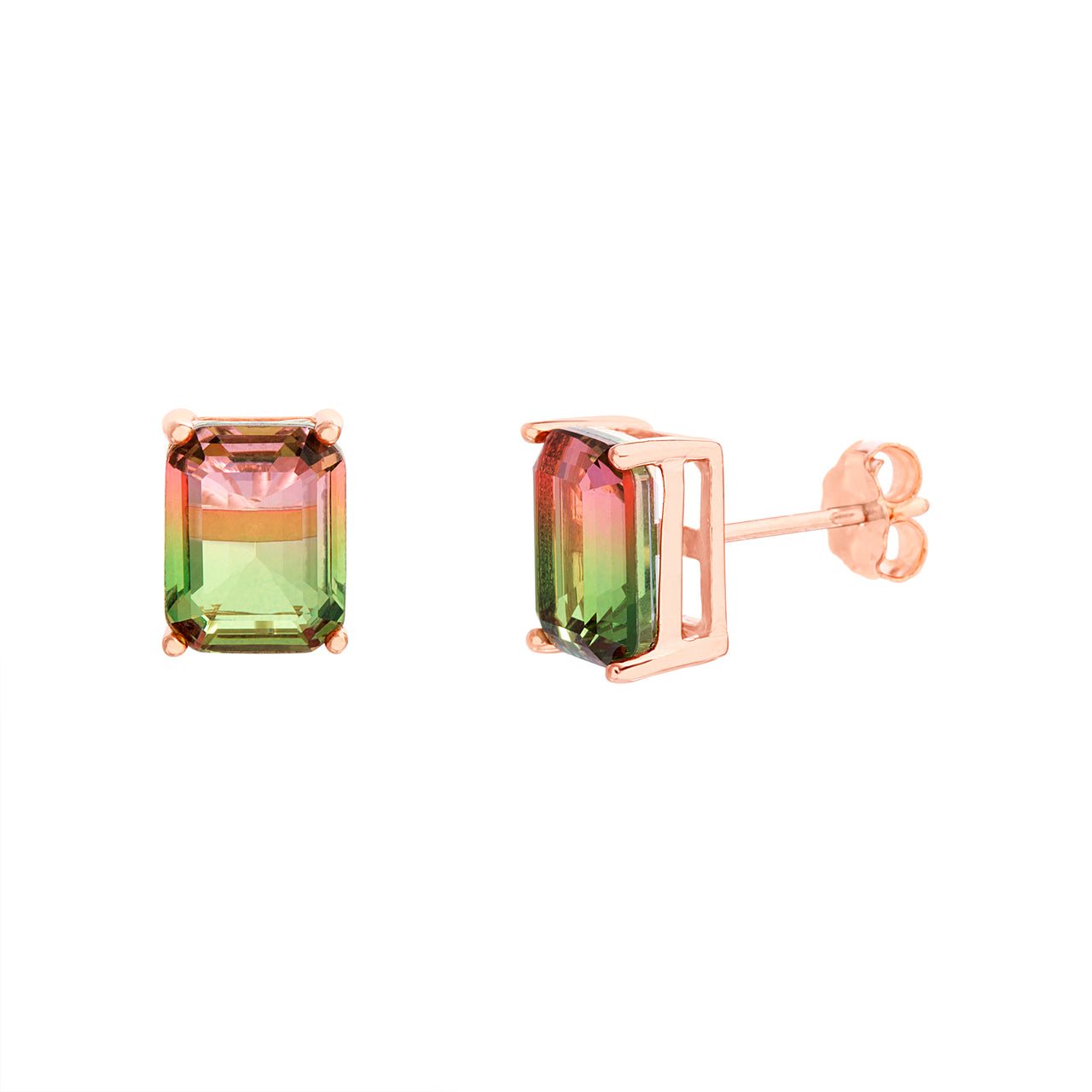 Lesa Michele Simulated Watermelon Tourmaline Rectangular Stud Earrings in Rose Gold Plated Sterling Silver