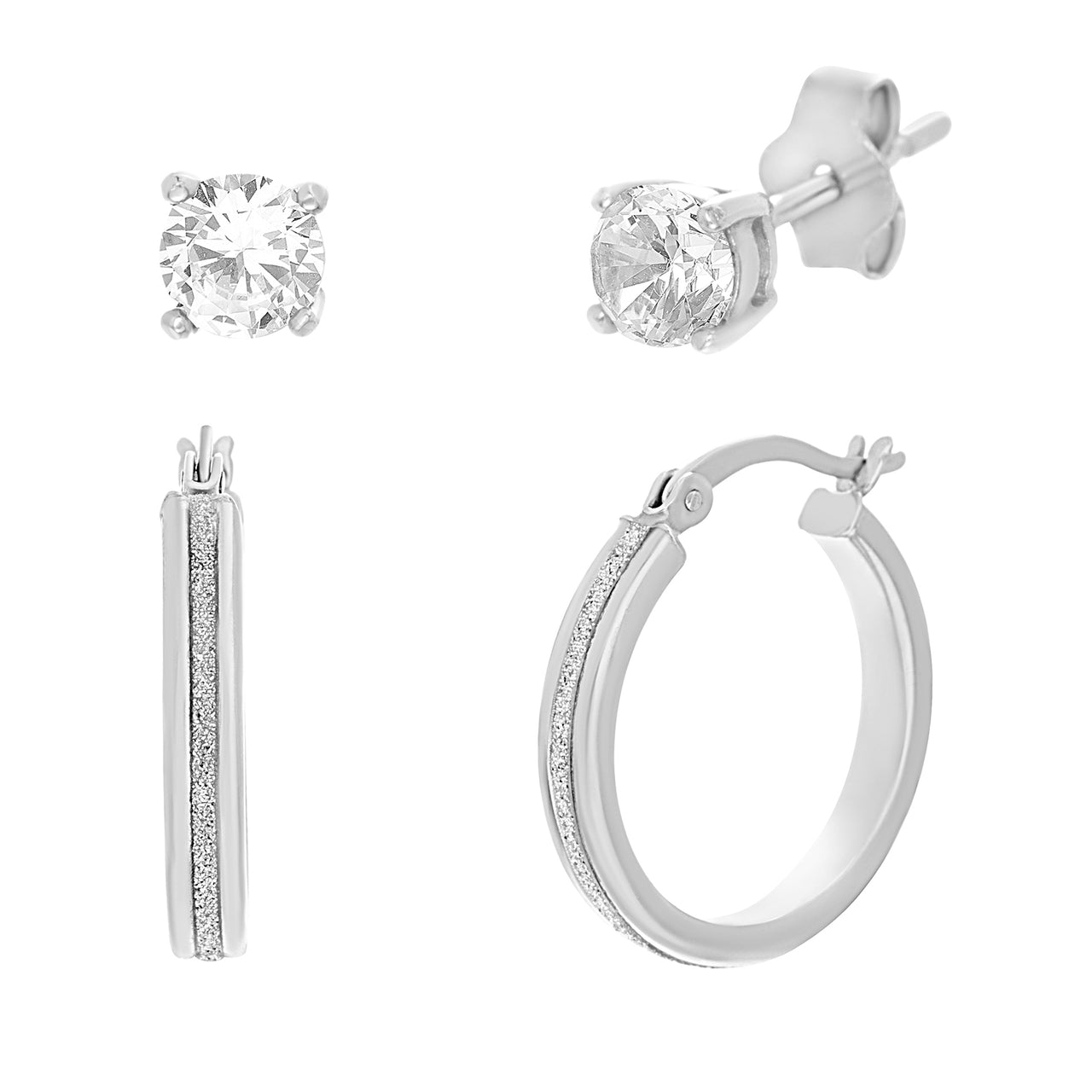 Lesa Michele Glitter Textured Hoop and Cubiz Zirconia Stud Duo Earring Set in Rhodium Plated Sterling  Silver
