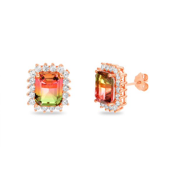 Lesa Michele Simulated Watermelon Tourmaline & Cubic Zirconia Stud Earrings in Rose Gold Plated Sterling Silver