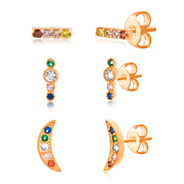Lesa Michele Rainbow Cubic Zirconia 3 Pair Stud Earring Set for Multiple Piercings in Rose Gold Plated Sterling Silver