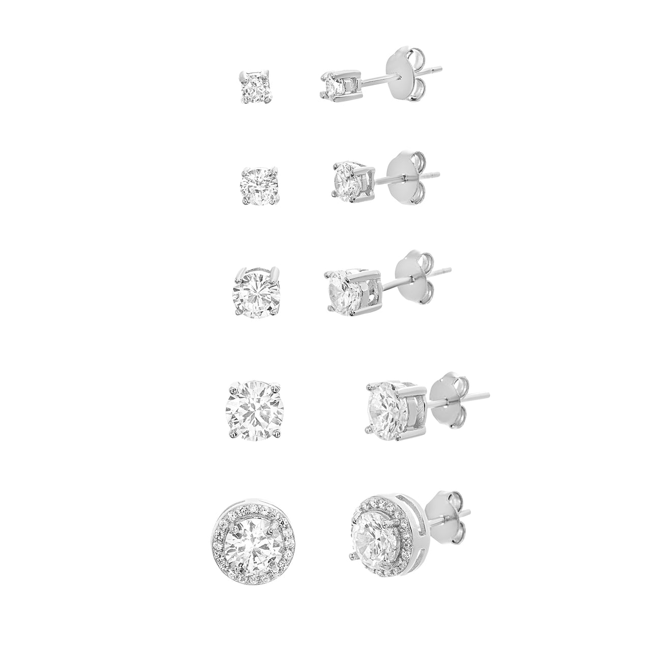 Lesa Michele Round 5 Piece Stud Earring Set with Cubic Zirconia in Sterling Silver