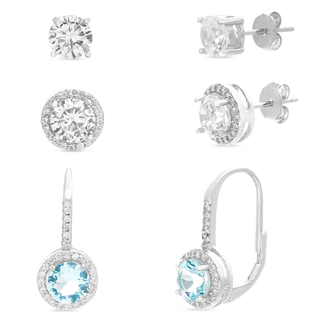 6mm Round Cubic Zirconia and Simulated Aquamarine Stud Halo Combo and Leverback 3 Pair Bridal Gift Earring Set for Women in Rhodium Plated 925 Sterling Silver