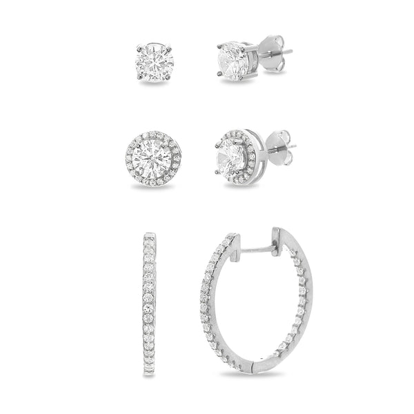 Lesa Michele Sterling Silver Cubic Zirconia Stud Halo and Hoop Earring Set
